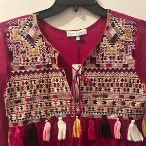 Karina Grimaldi Embroidered Tassel Cranberry Sheer Lined BoHo Blouse NWT